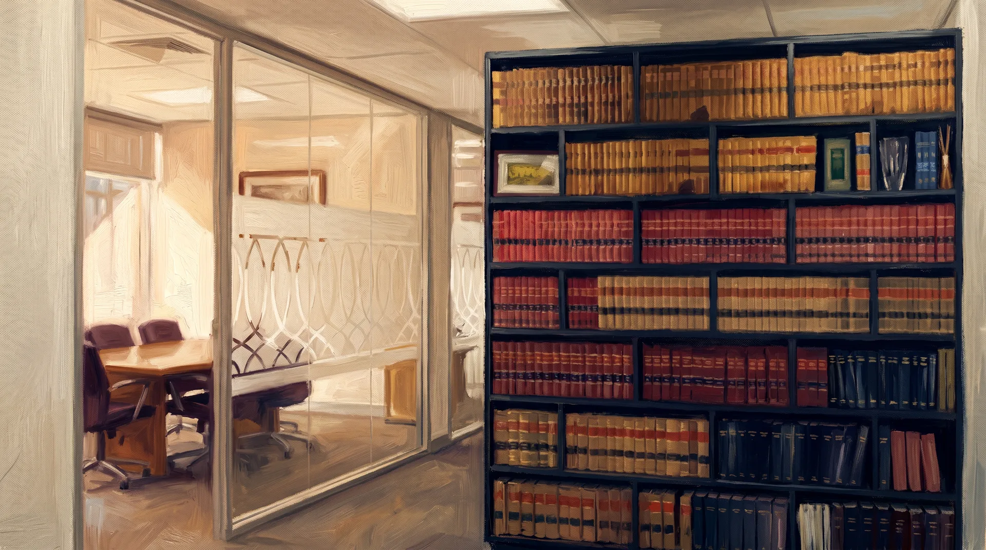 A warm oil painting of the YHC Lawyers office - shelves of Queensland law reports beside a glass-walled meeting room