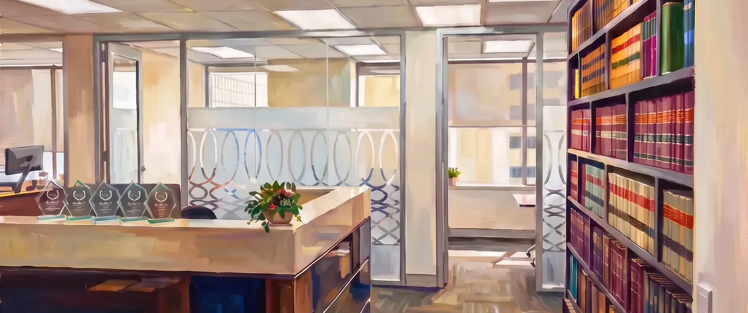 A luminous oil painting of the YHC Lawyers reception, trophy display and legal library in its Brisbane office