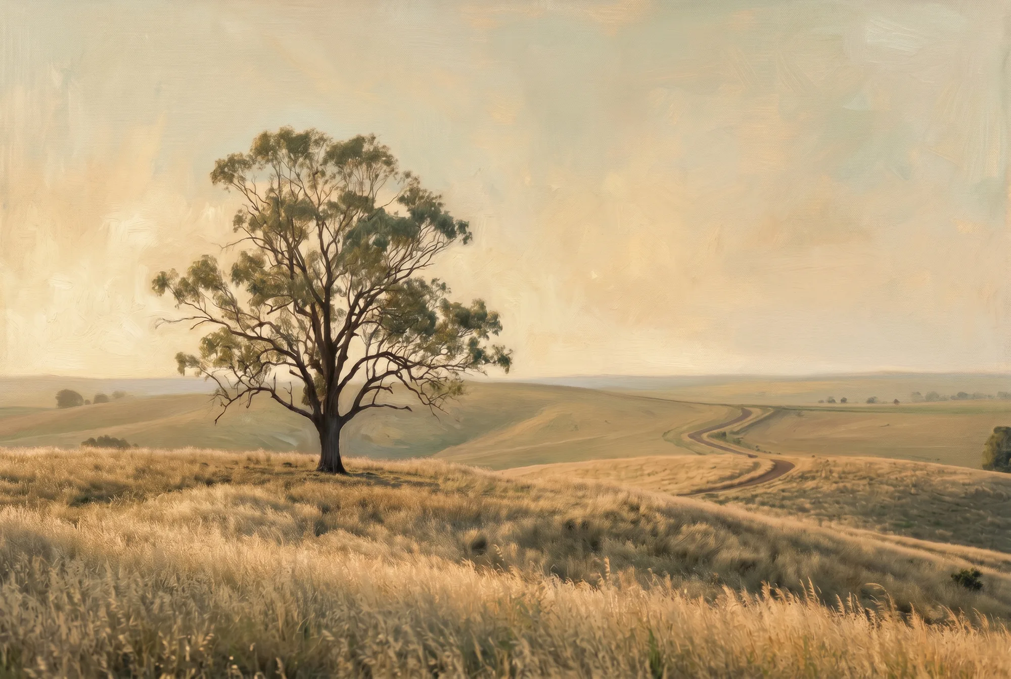 A warm oil painting of a single established gum tree on golden Queensland farmland at golden hour