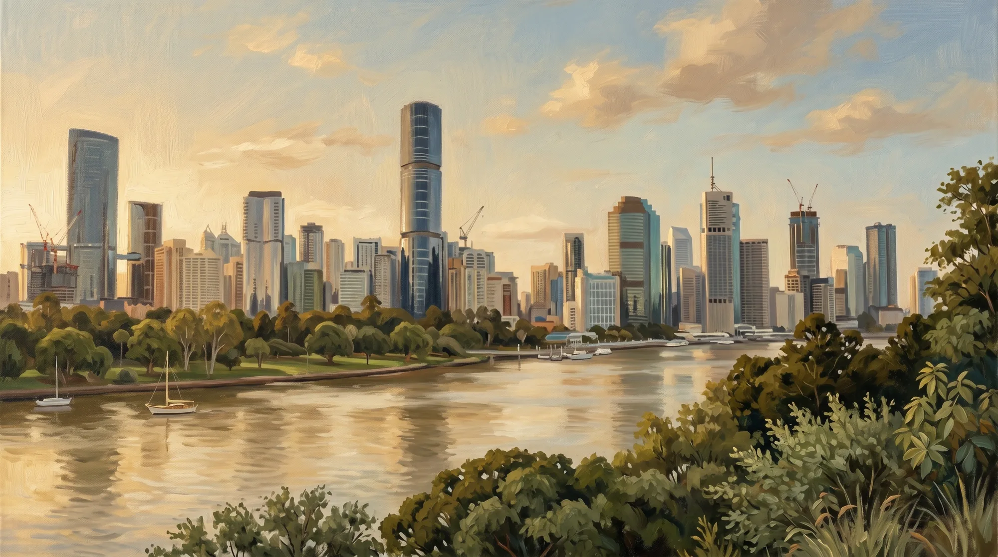 A warm John Bradley-style oil painting of the Brisbane city skyline across the Brisbane River, viewed from the leafy Kangaroo Point cliffs at golden hour