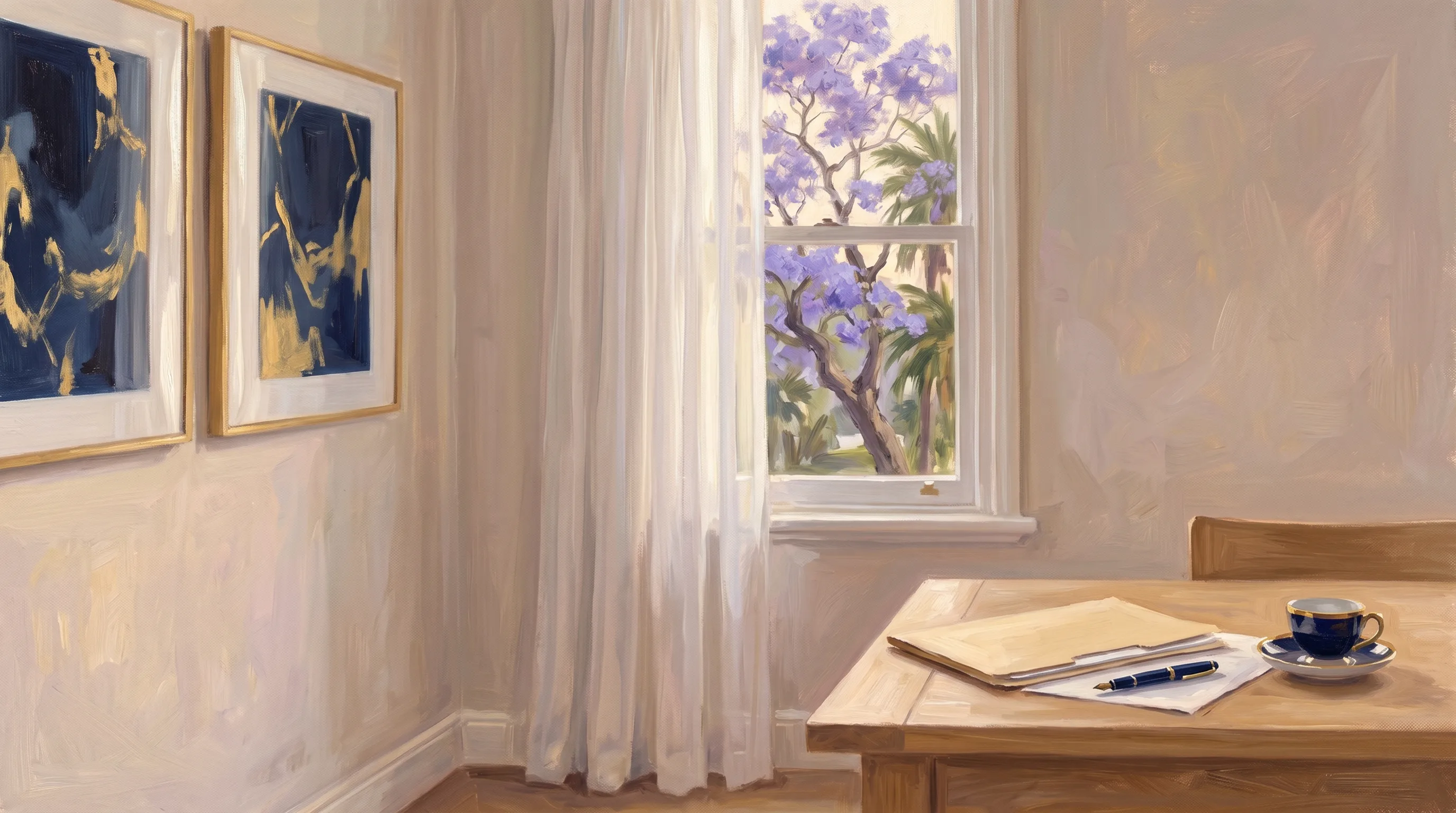 A sunlit Queensland dining table by a sash window with a manila folder, papers, a pen and a cup of tea, jacaranda blooming outside