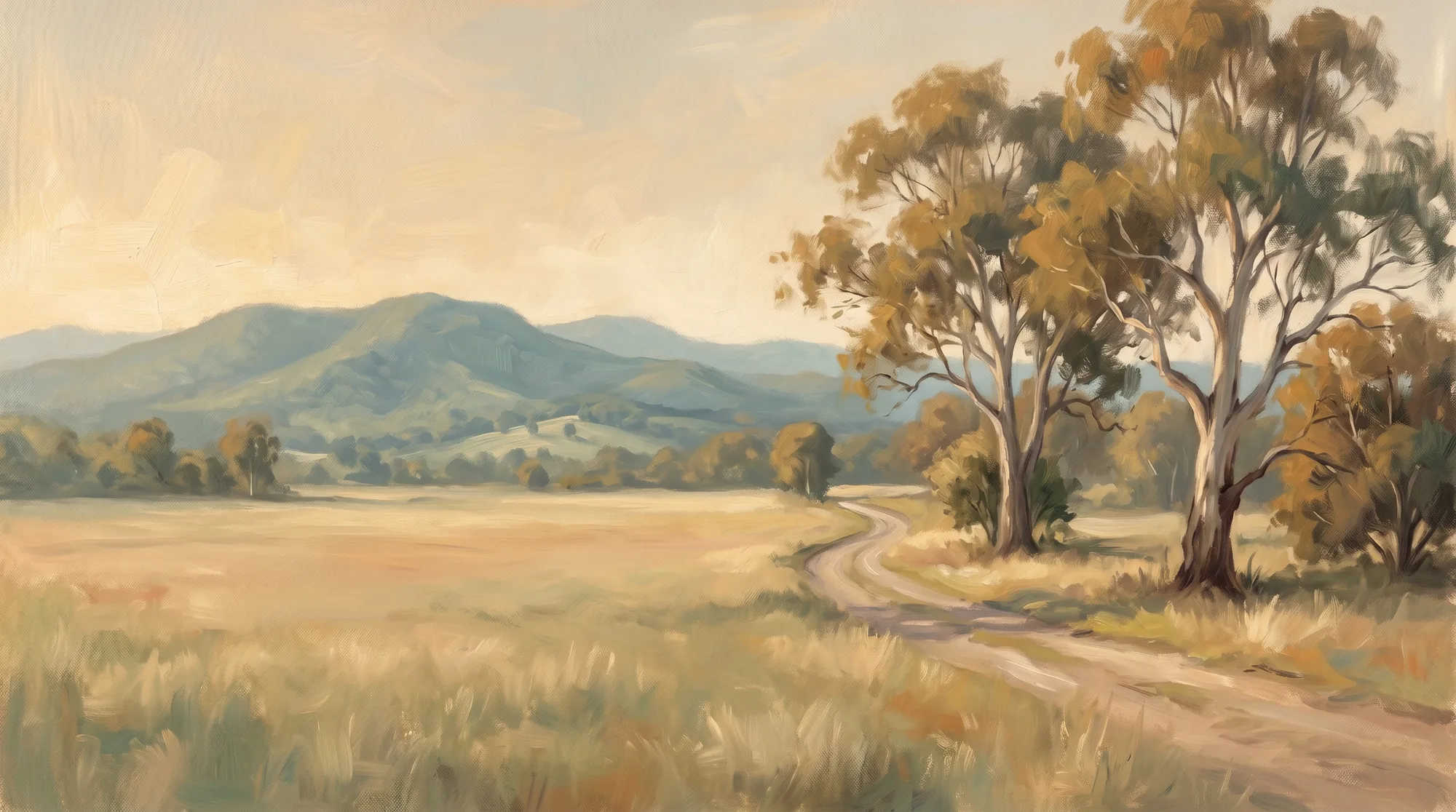 A warm oil painting of the Bunya Mountains ranges across golden Queensland farmland with a quiet winding track at golden hour
