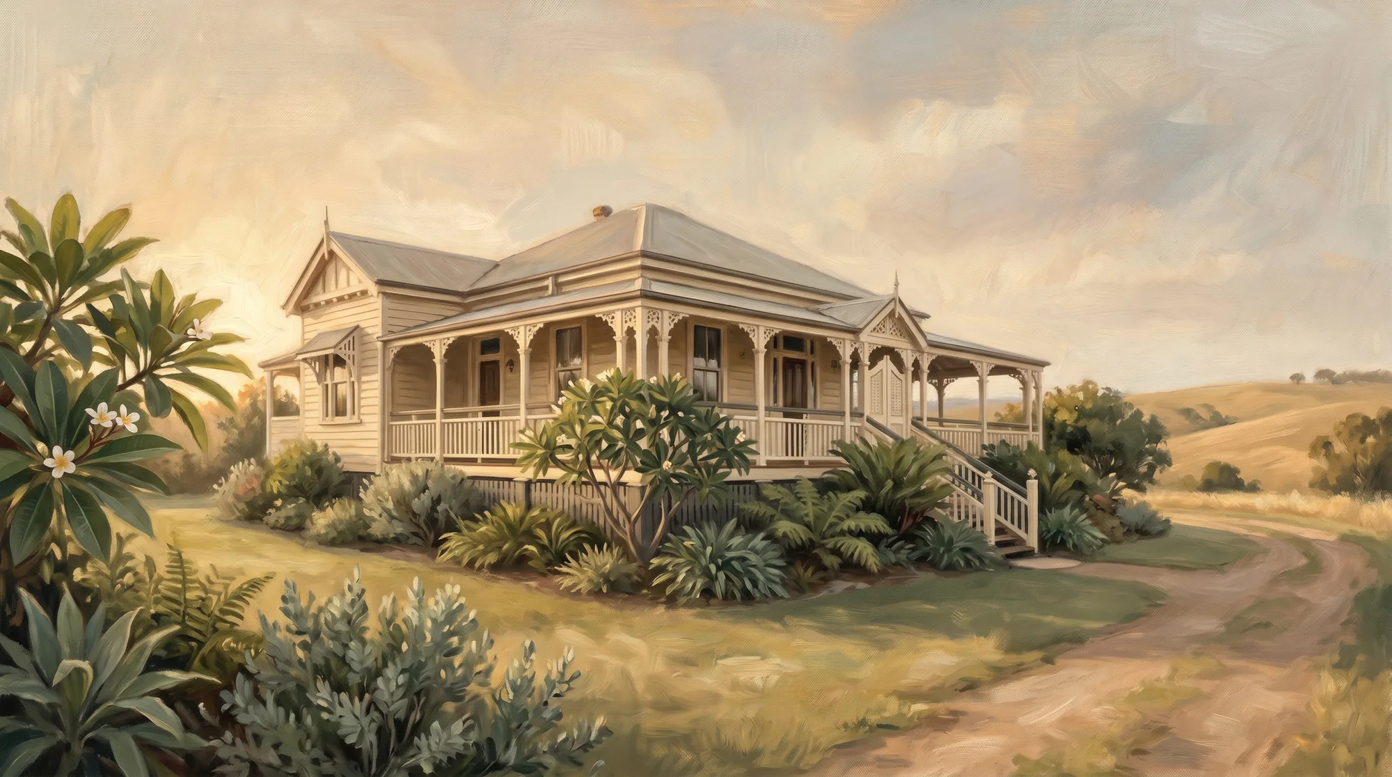 A warm oil painting of a sunlit Queensland solicitor's study - an antique timber desk by a sash window overlooking a jacaranda garden