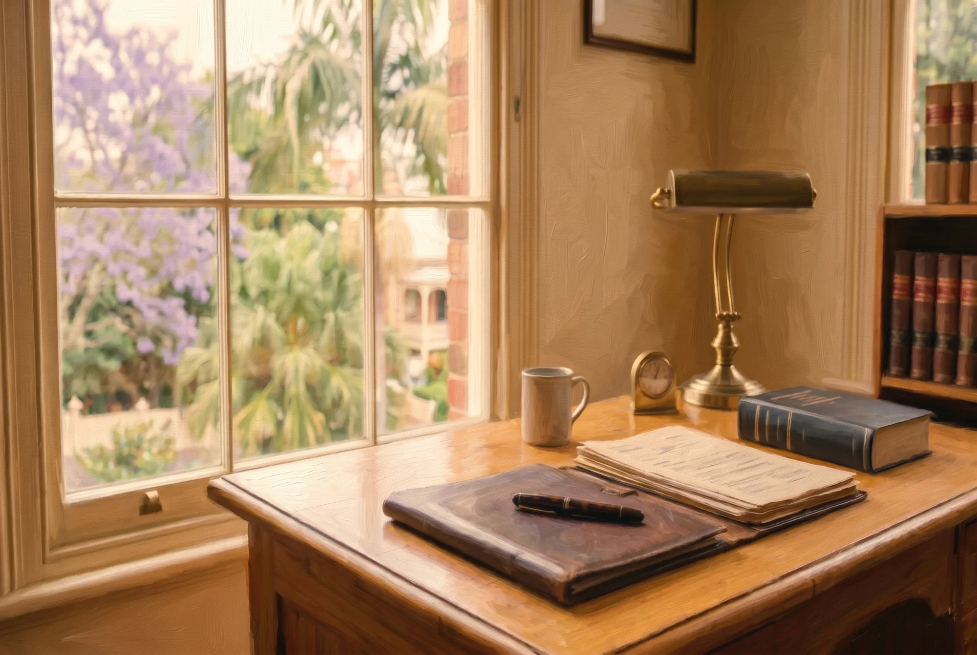A warm oil painting of a sunlit Queensland solicitor's study - an antique timber desk by a sash window overlooking a jacaranda garden