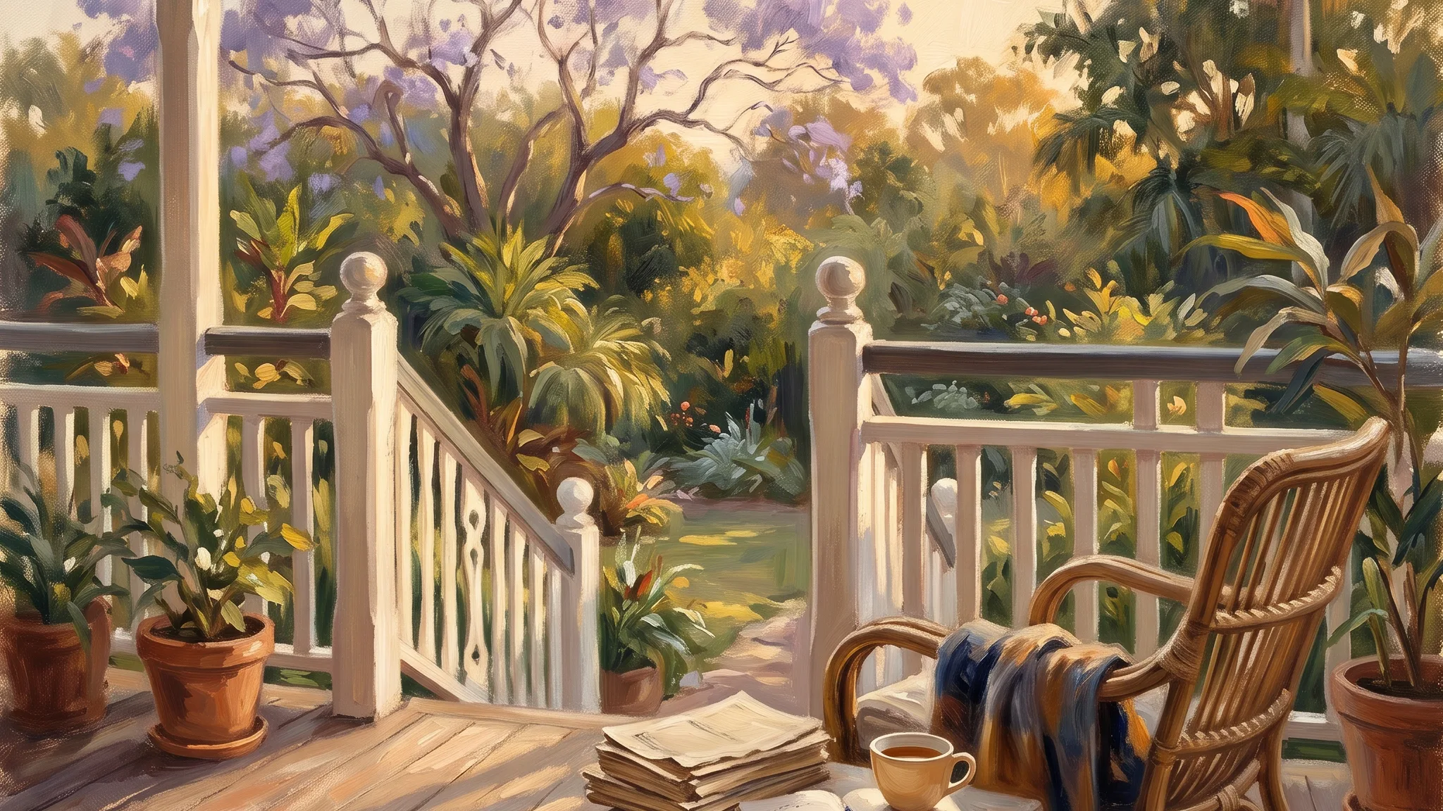 A painterly Queenslander verandah at golden hour with a rattan reading chair, a stack of papers and a cup of tea, a jacaranda blooming in the garden beyond
