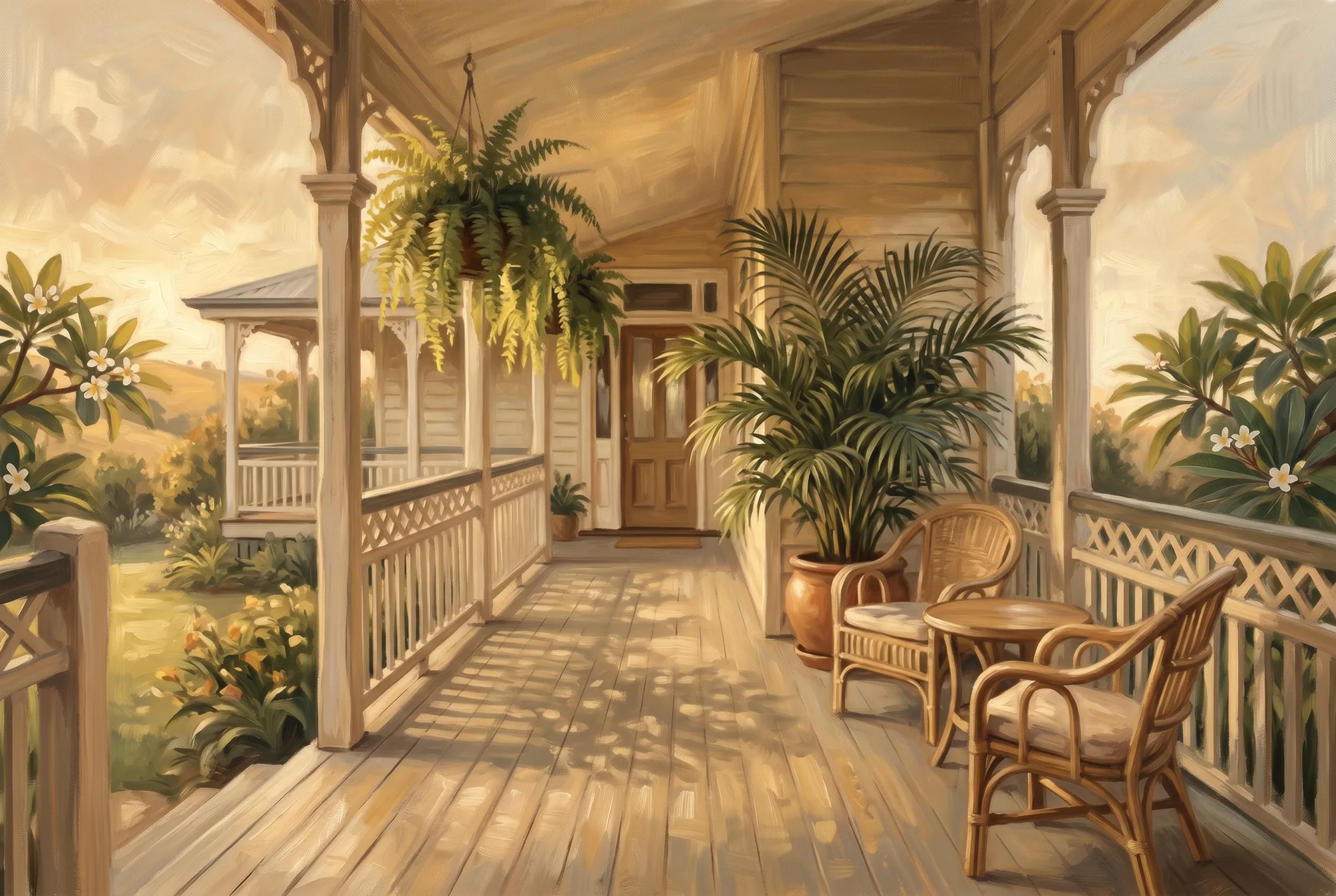 A warm oil painting of a sunlit Queenslander veranda at golden hour - timber posts, a lattice railing, hanging ferns and two rattan chairs overlooking a lush garden