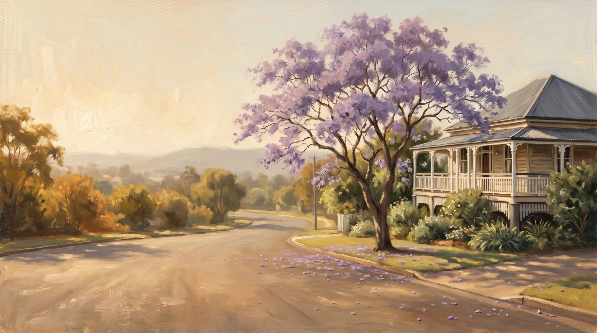 A warm oil painting of a sunlit Queensland solicitor's study - an antique timber desk by a sash window overlooking a jacaranda garden